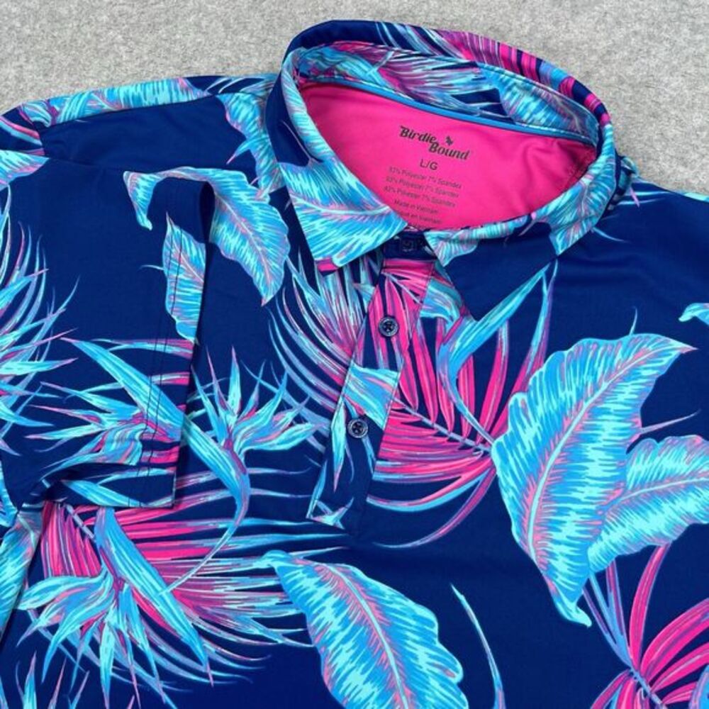 Birdie Bound Polo Shirt‎ Mens Large Blue Pink Tropical Performance Golf Stretch